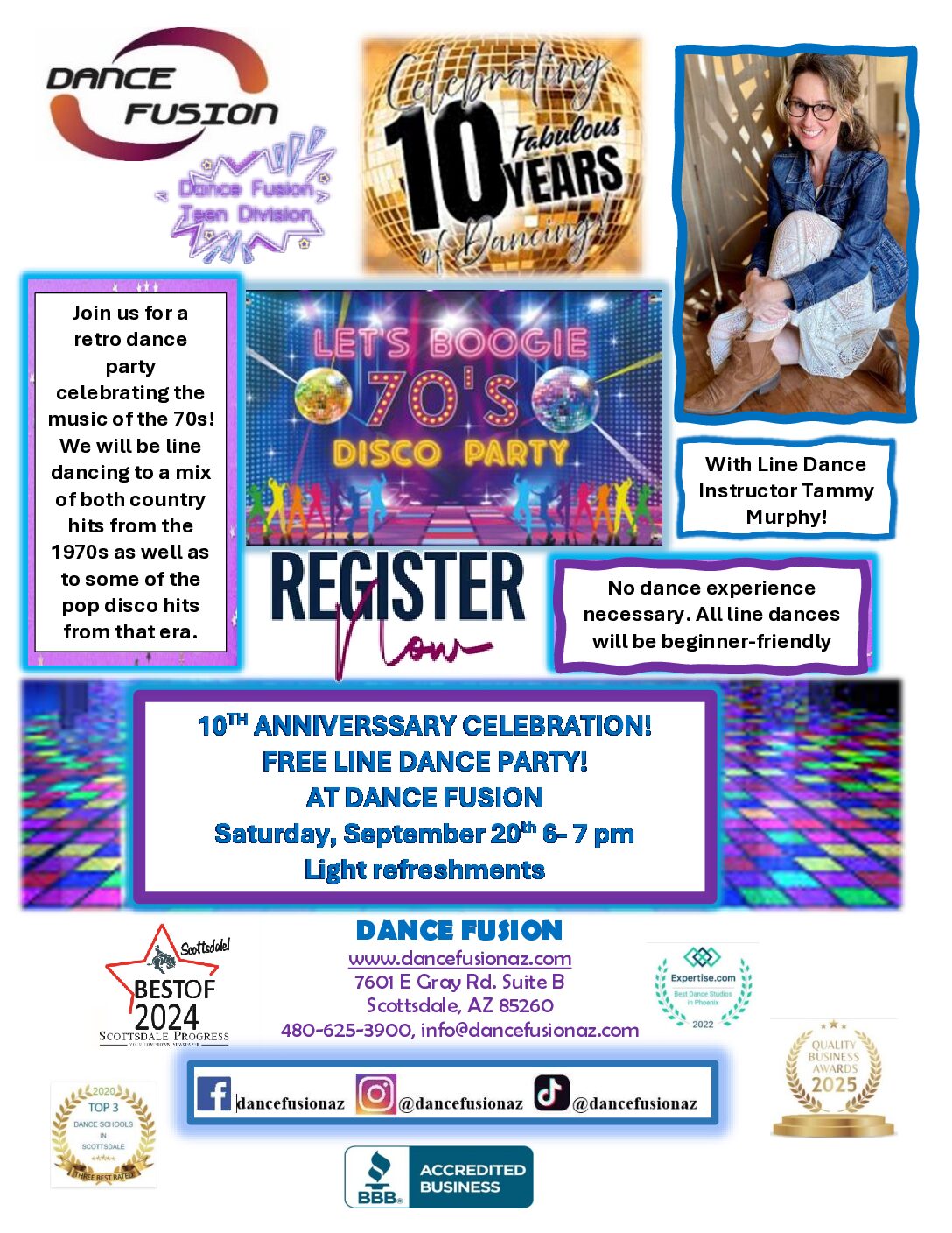 Line Dance 70s 10th Aniversary Flyer Septermber 20 2025